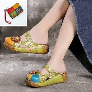 Women's Leather Flower Boho Sandals and Coin Purse Wristlet